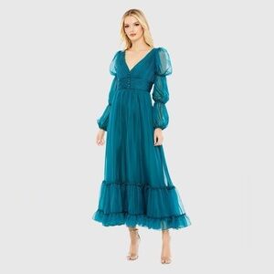 Mac Duggal 68254 NWT Teal Chiffon Ruched Tiered Puff Sleeve A Line Dress